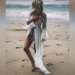 New Flowy Sheer Mesh Lace Tie Maxi Duster Kimono Cover Up Dress White